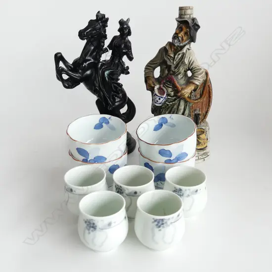 2 FIGURINES, ONE RIDER ON HORSEBACK & DECANTER AS ITALIAN HOBO WITH 4 LGE & 5 SMALL JAPANESE TEABOWLS.