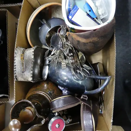 BOX LOT STUDIO POTTERY INCL. PETER STICHBURY LG STOPPERED BOTTLE, EP TEAPOT, ABORIGINAL SCOOP ETC