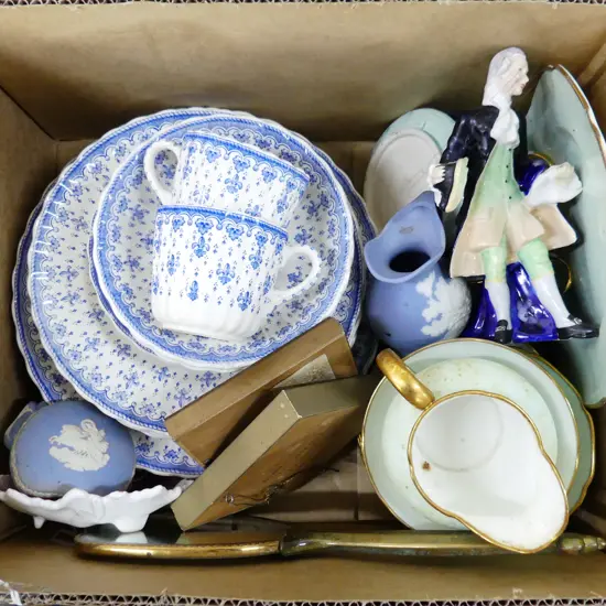 BOX FINE CHINA ETC. Part tea sets + figure etc