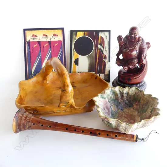 BOX LOT.CHINESE CARVED FIG ATEENUATED WOODEN TRAY LIKE BRANCH WOODEN TRUMPET & 2 SMALL TRAVEL POSTERS ON BOARD