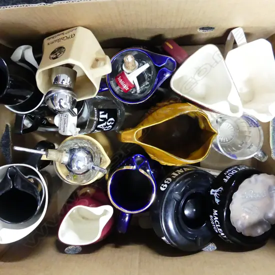 BOX LOT ASST. WHISKY MEMORABILIA; JUGS ETC