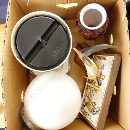 BOX LOT BODUM ICE BUCKET, ITALIAN PR FRAMED TILES, WHITE LGE GLOBE LIGHTETC