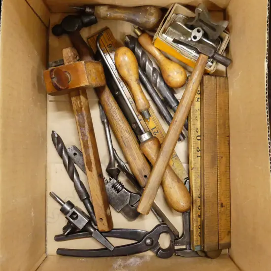 BOX LOT ASST VINTAGE TOOLS; RULERS, HAMMERS, BITS, ETC