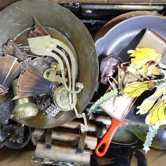 BOX LOT CUTLERY, WOODEN PLATES, HARDWARE ETC