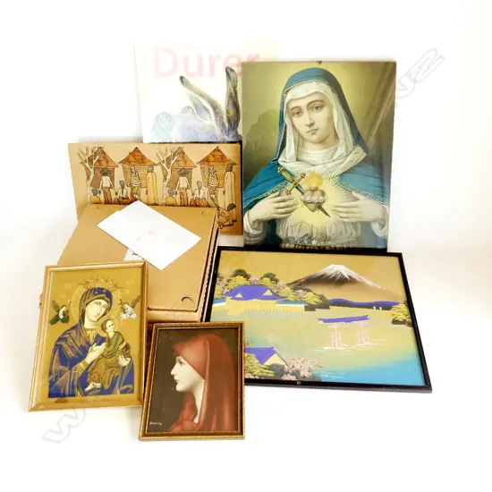 BOX LOT OF PICTURES ETC. 2 BOXED ZEN PLAQUES BY MARY BESSANT ORIG JAP W/C RELIGIOUS WORKS & DURER BOOK