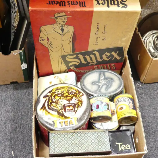 BOX LOT VINTAGE TINS + STYLEX SUITS BOX