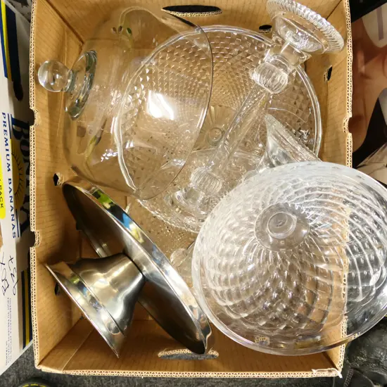 BIX BOX LOT ASST GLASS CAKE STANDS, CANDLE HOLDERS, GLASS DOME & STAND ETC..