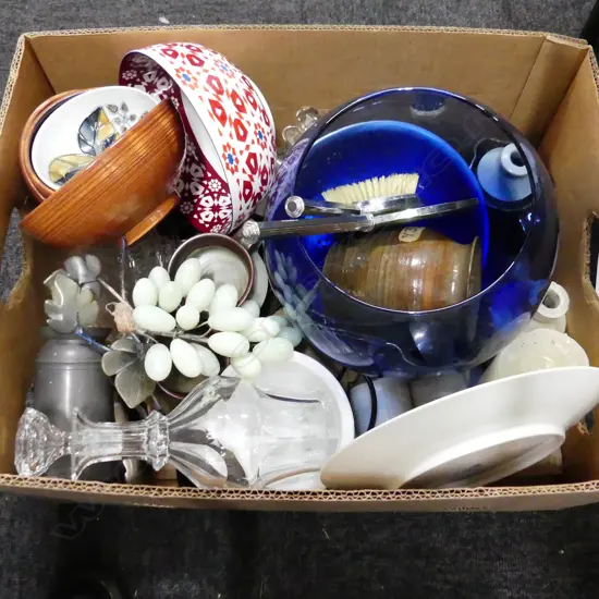 BOX LOT ASST.; STUDIO POTTERY, DECANTER, BLUE ORB GLASS VASE ETC