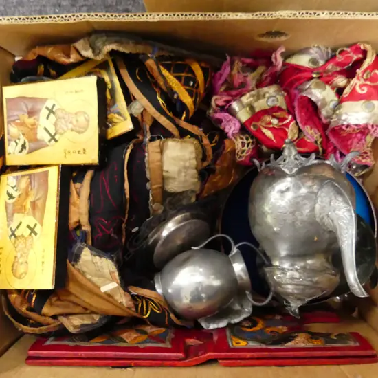 BOX LOT ASST.; ORIENTAL ITEMS, VINTAGE EMBROIDERIES ETC