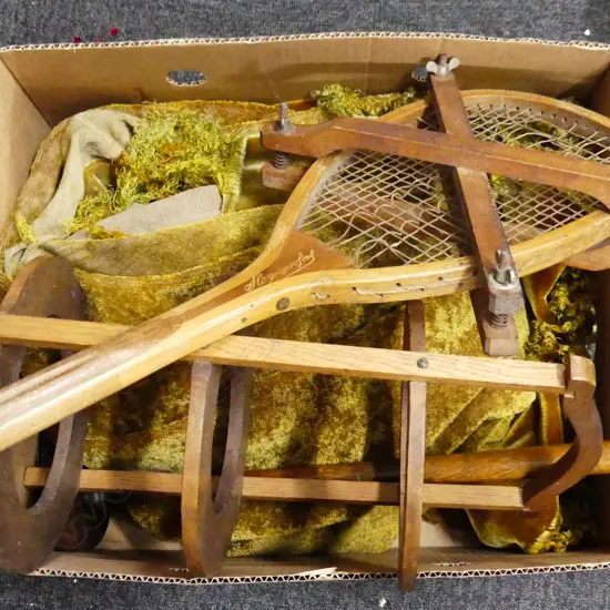 BOX LOT LG EARLY 20thC VELVET TABLE COVER, early fish tail RACKET, CAKE & CIGARETTE STANDS