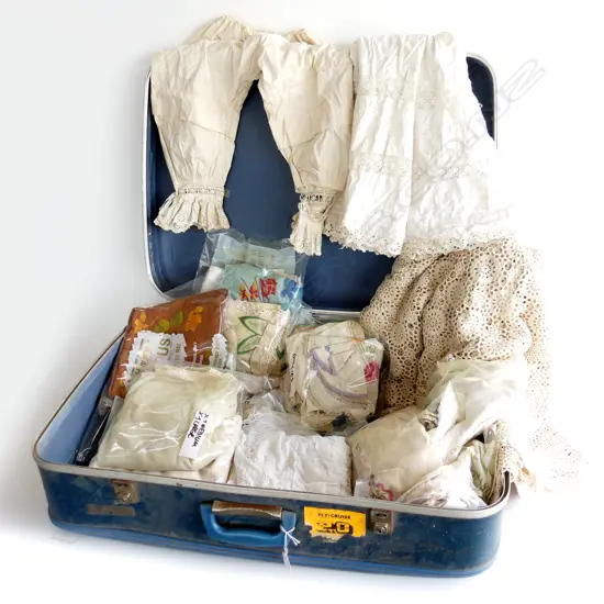 VINTAGE SUITCASE w. ASST. LINENS, DOLLIES ETC