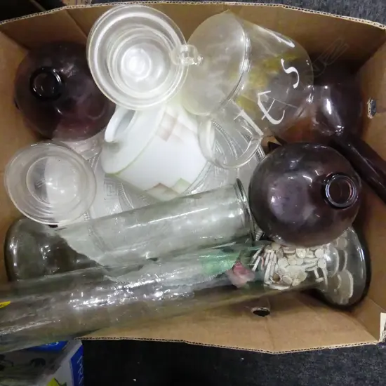 BOX LOT ASST. GLASS VASES ETC