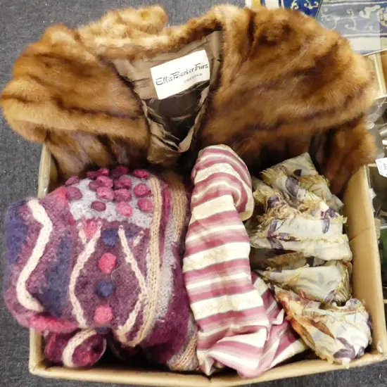 BOX LOT ASST. VINTAGE FASHION; FUR (AF), COATS ETC