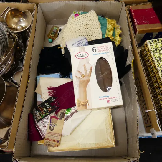 BOX MISC INCL 18C LINEN, EMBROIDERY ETC & 1950'S BOXED STOCKINGS, HANDKIES, GLOVES, BOTTLES OF LAVENDER WATER ETC.