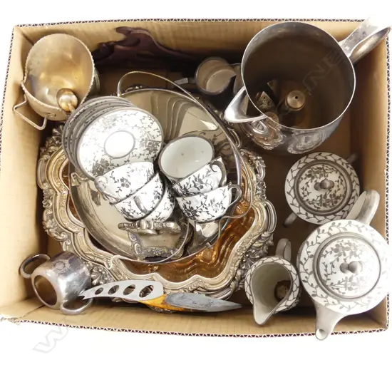 BOX LOT ASST. SILVER PLATE, RICHARD GINORI COFFEE SET, ETC