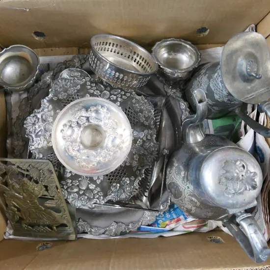 BOX ASST SILVER PLATE INCL TRAY, COFFEE POT, WINE COASTER ETC..