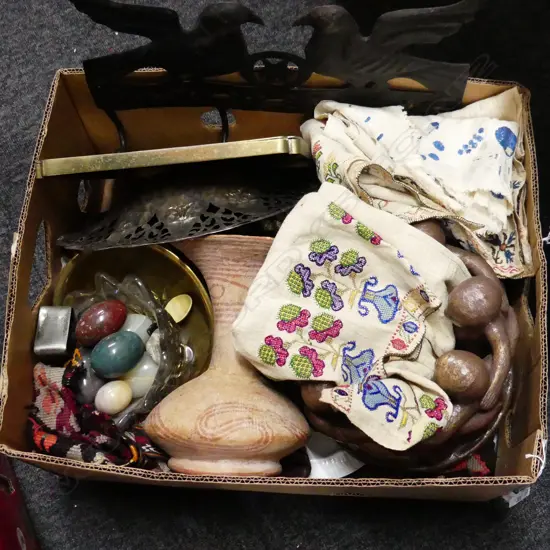 BOX LOT ASST.; EMBROIDERED TURKISH LINEN, MIKASA MUGS, MIDDLE EASTERN PCES ETC