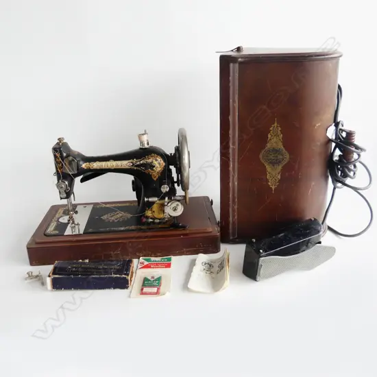 OLD ELECTRIC TABLETOP SEWING MACHINE WITH PEDAL ETC.