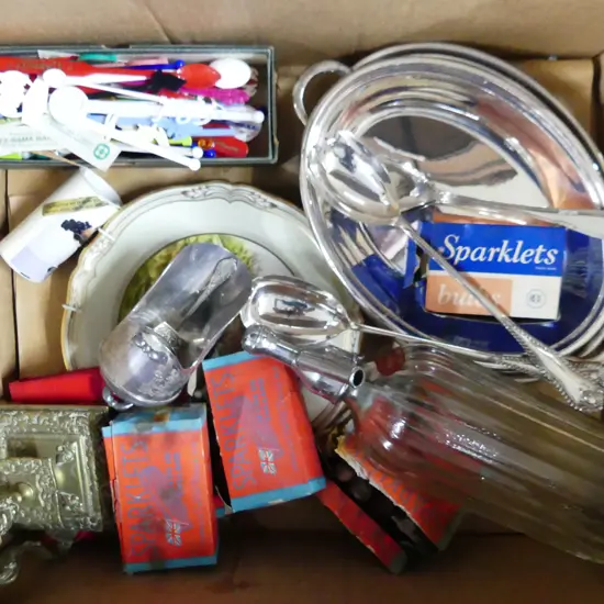 BOX LOT SODA SYPHON  CHINA PLATE CANDLESTICK  COCKTAIL STICKS ETC