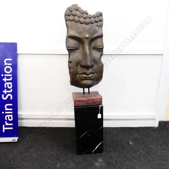 BUDDHA FACE SCULPTURE H.680mm ON MARBLE PLINTH