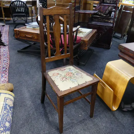 EARLY 20thC OAK DINING CHAIR w. EMBROIDERED SEAT AF