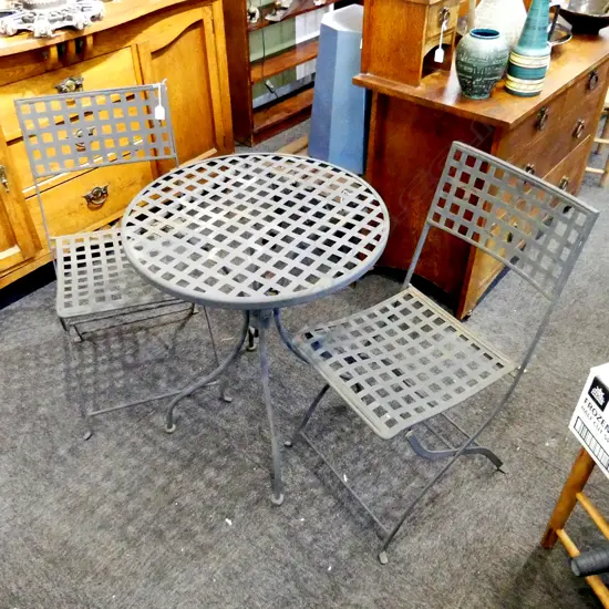 3 PCE BLACK METAL PAIO SET, TABLE 600mm dia & 2 FOLDING CHAIRS - SOME WEAR