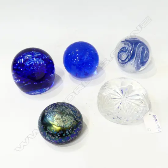 5 ART GLASS PAPERWEIGHTS; 3 SIGNED 90mm dia