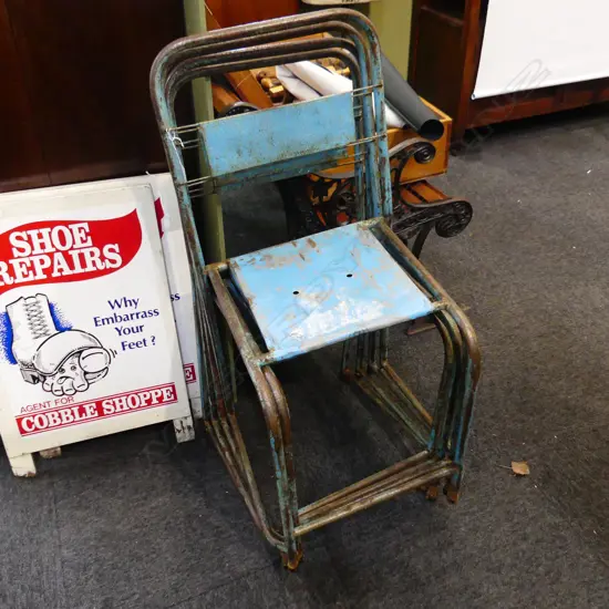 4 BLUE PAINTED METAL INDUSTRIAL CHAIRS