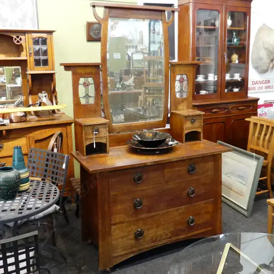 ARTS & CRAFTS OAK DRESSER w. LEAD LIGHT PANELS 1200x515x1860mm