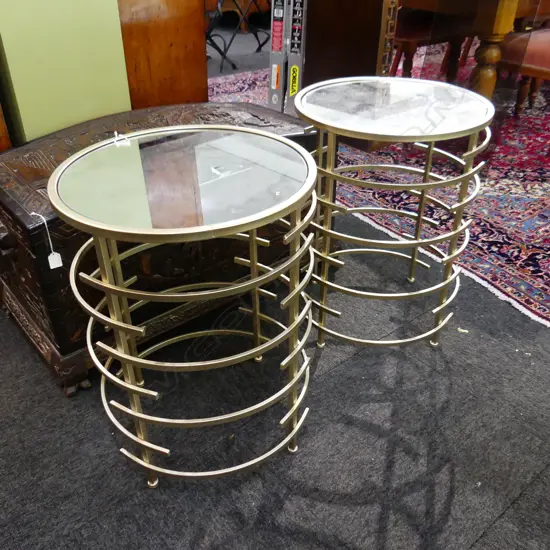 PR ROUND METAL & GLASS SIDE TABLES modernist design. Mirrored tops. H.605mm. Dia.450mm.