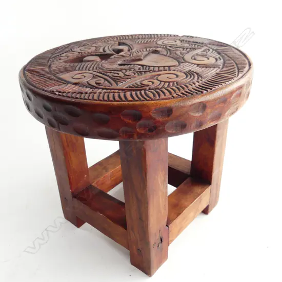 SMALL CARVED WOODEN MAORI STOOL H.240mm 260mm dia