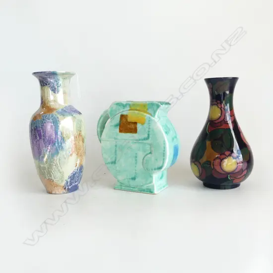 3 DECO VASES. BESWICK NUMBER 125 180X190mm DECORO VASE H.240 & LUSTRE MULTICOLORED H. 255mm