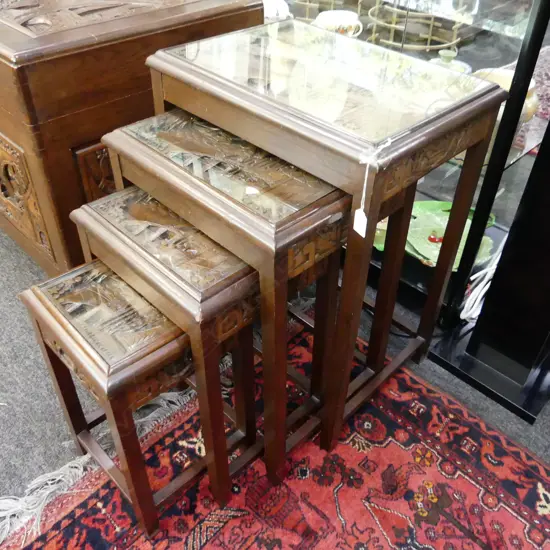 4 CARVED WOODEN ORIENTAL NESTING TABLES 480x350x640mm