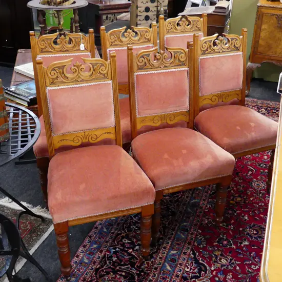 COLONIAL CARVED KAURI SET OF 6 DINING CHAIRS SALMON PINK VELVET UPHOLSTERY
