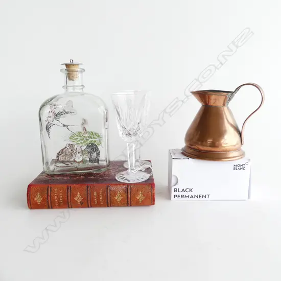 6 PCES; CHARLES DICKENS BOOK, COPPER JUG, MONT BLANC INK, PR WATERFORD GLASSES H.130mm, BOTTLE