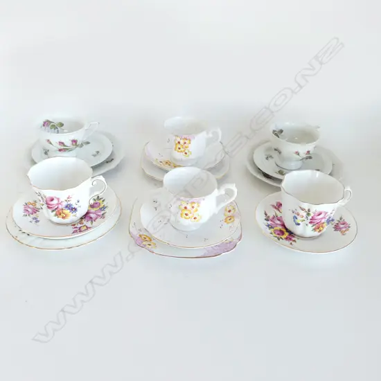 6 FLORAL CUP, SAUCER & PLATE TRIOS – ROYAL ALBERT, ROYAL GRAFTON ETC