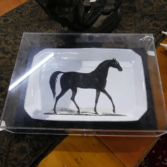 JOHN DERIAN PLATE. OCTAGONAL SHAPE WITH HORSE IMAGE.IN  PERSPEX CASE. 410X280mm