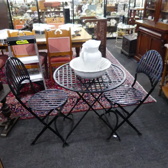 HEAVY BLACK FRENCH IRON OUTDOOR CAFE TABLE (DIA 700mm)  & 2 CHAIR SET