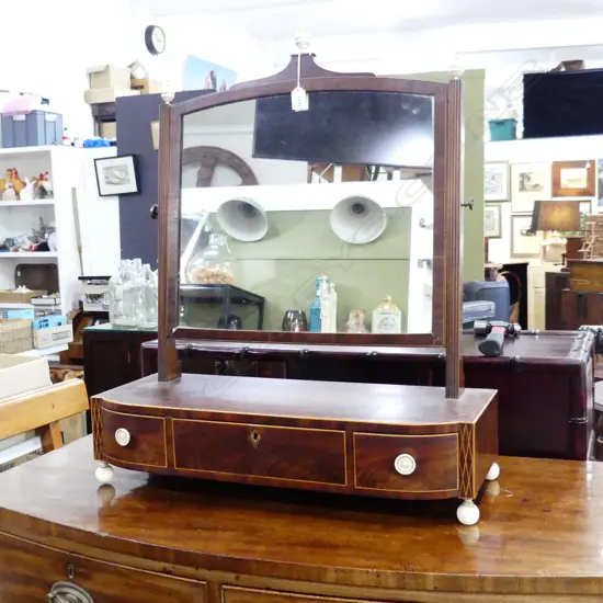 19tHC INLAID MAHOGANY TOILET MIRROR w. BONE FINIALS, HANDLES & BALL FEET H.765mm W.640mm