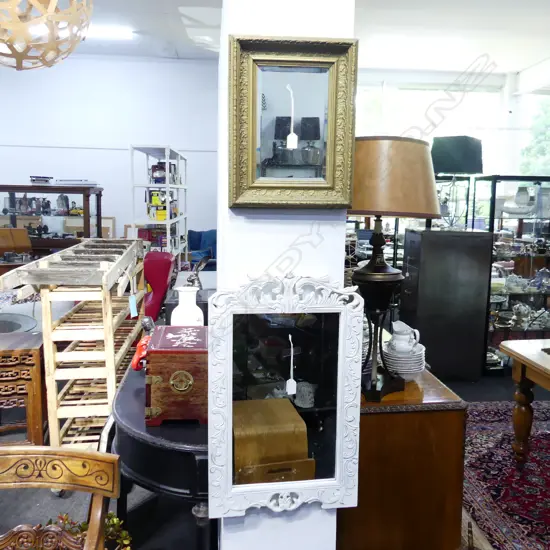 2 MIRRORS; WHITE PAINTED FRAME 650x395mm, GILT FRAME 405x305mm