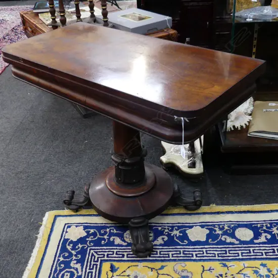 19thC MAHOGANY CARD TABLE, PEDESTAL STAND 915x450x760mm