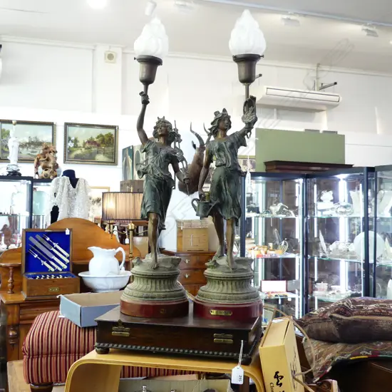 PR ANTIQUE FRENCH SPELTER FIGURE LAMPS 'L'AUTOMNE' & 'LE PRINTEMPS' H.750mm