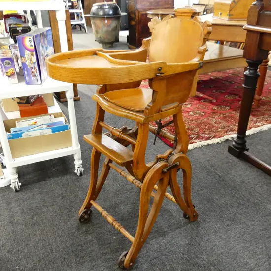 EARLY 20thC METAMORPHIC OAK HIGH CHAIR H.940mm