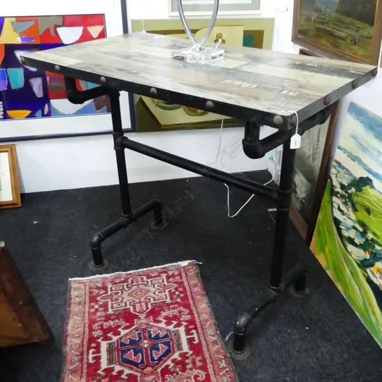 INDUSTRIAL STYLE BAR TABLE; PIPE BASE, VINYL TOP 600x1100x960mm