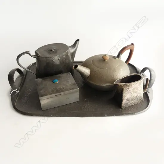 ARCHIBALD KNOX ENGLISH PEWTER TRAY 300x470mm + 2 TEAPOTS, LIDDED CONTAINER & EP MILK JUG