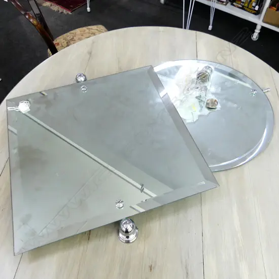 TWO MODERN WALLMOUNTED MIRRORS. CIRCULAR ONE Dia 500 OTHER SQUARE 500mm (WITH ATTACHMENTS)