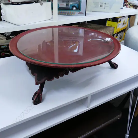 RED LACQUER LOW TABLE w. 3 BALL & CLAW FEET 570mm dia