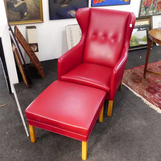 **RTV** RED LEATHER 'SLOTHOLM' WINGBACK CHAIR & STOOL BY EJNER LARSEN & AXEL BENDER MADSEN, DENMARK 1960s
