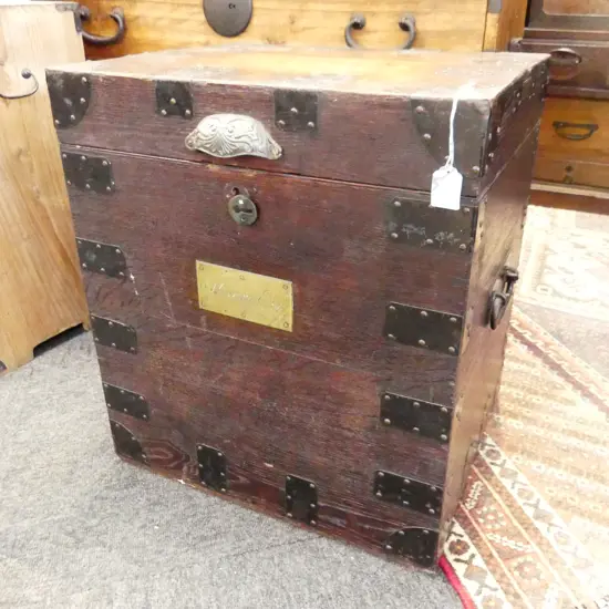 VICTORIAN OAK METAL BOUND BULLION CHEST fitted green baize interior H.530mm