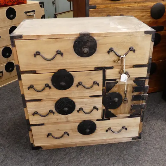 OLD JAPANESE UTILITY CABINET 5 drawer w safe cupboard. Pale finish H.585mm w key